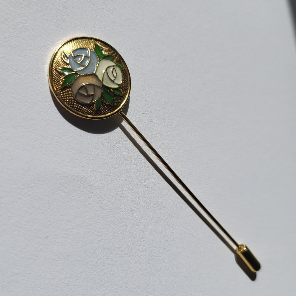 Vintage Floral Rose Enamel Stick Pin Gold Tone Lapel Hat Pin Romantic